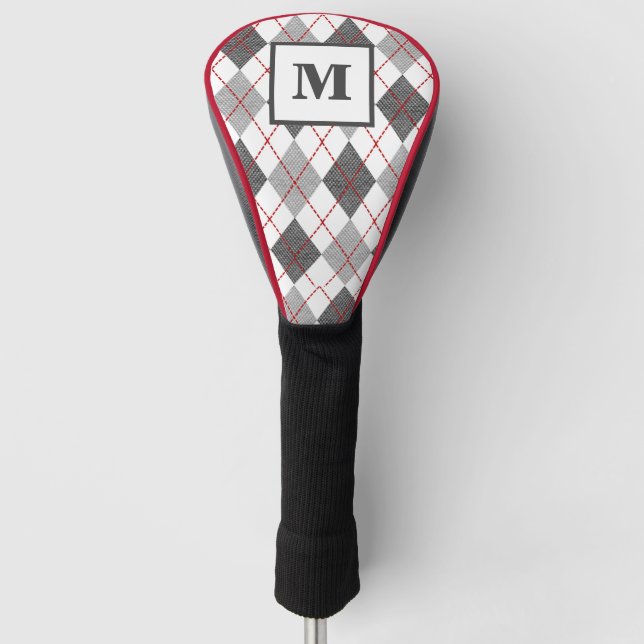 Argyle Plaid Red Grey Silver Golf Custom Monogram Golf Head Cover (Front)