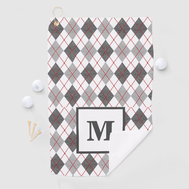 Argyle Plaid Red Grey Silver Golf Custom Monogram Towel (InSitu)