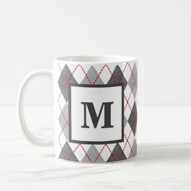 Argyle Plaid Red Grey Silver Monogram Coffee Mug (Left)