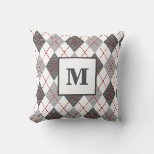 Argyle Plaid Red Grey Silver Monogram Initial Cushion