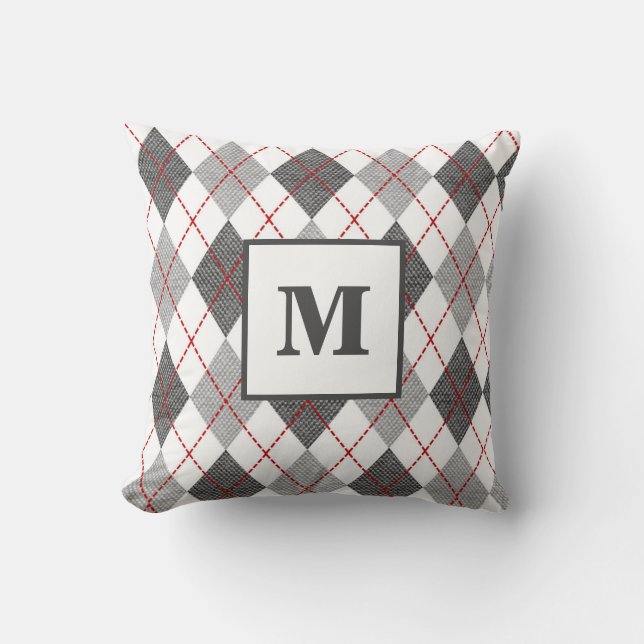 Argyle Plaid Red Grey Silver Monogram Initial Cushion (Front)