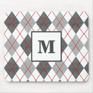 Argyle Plaid Red Grey Silver Monogram Mouse Pad