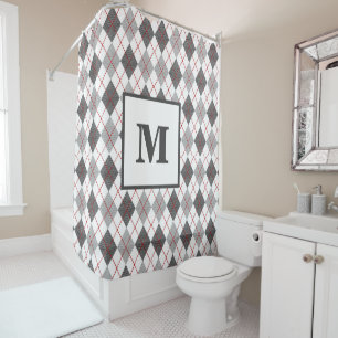 Argyle Plaid Red Grey Silver Monogram Shower Curtain