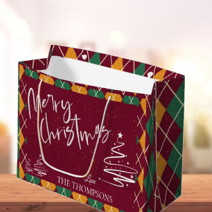 Argyle Red Green Elegant Script Merry Christmas Large Gift Bag