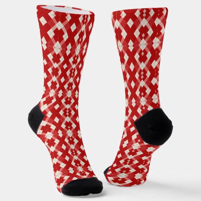 Argyle, red white pink Valentine's day  Socks (Angled)