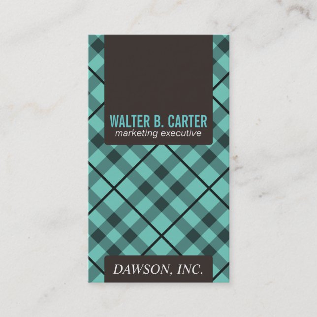Argyle Vertical (Aqua Green & Brown) Business Card (Front)
