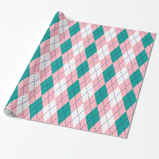 Argyle XL Pink Navy Blue Wht Wrapping Paper (Unrolled)