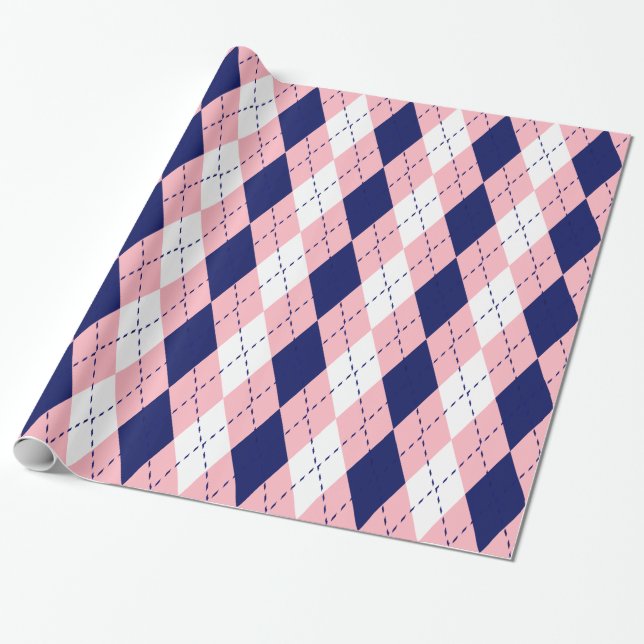 Argyle XL Pink Navy Blue Wht Wrapping Paper (Unrolled)