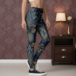 Aria Grace Cobalt Lotus Paisley Ornamental Design Leggings