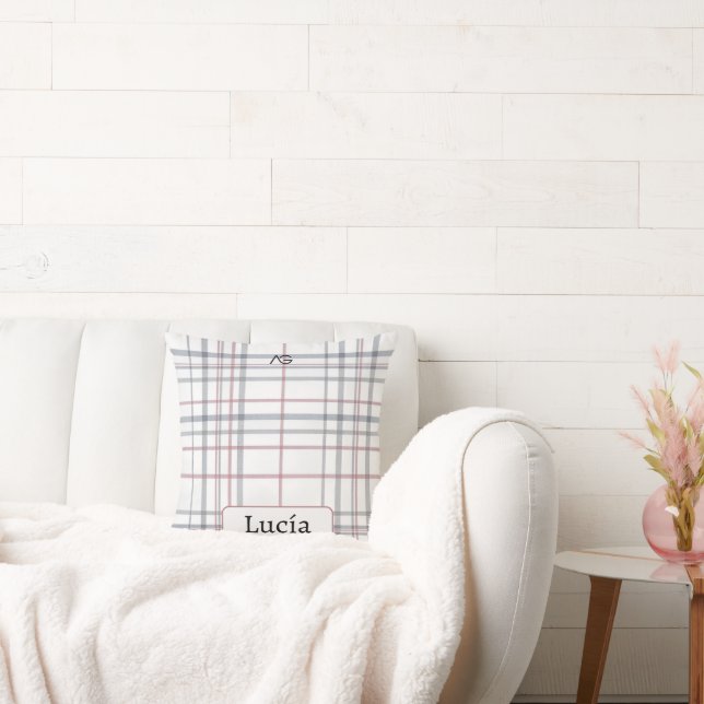 Aria Grace Frost & Sky Nordic Plaid Pattern Name Cushion (Couch)