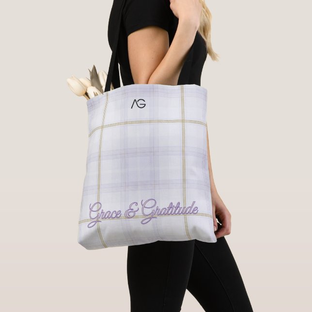 Aria Grace Ivory & Lavender Luxe Plaid Pattern Tote Bag (Close Up)