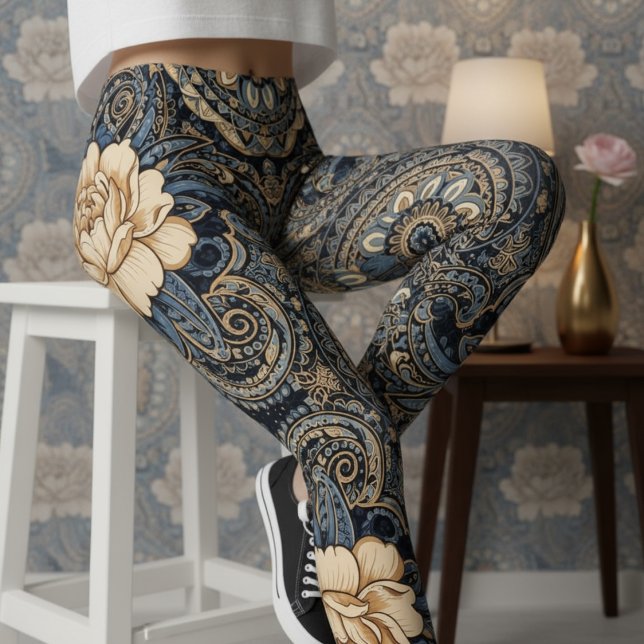 Aria Grace Midnight Blue Peony Paisley Heritage Leggings (Creator Uploaded)