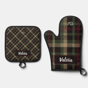 Aria Grace Oxford Academia Vintage Plaid Pattern Oven Mitt & Pot Holder Set