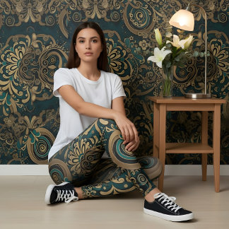 Aria Grace Teal Chrysanthemum Paisley Heritage Leggings