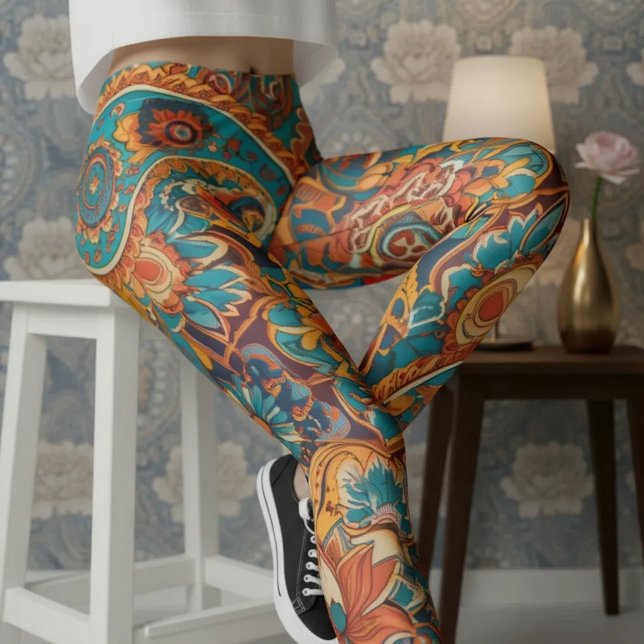 Aria Grace Vibrant Turquoise Mustard Paisley Leggings (Pose 4 – Seated Confidence on th)