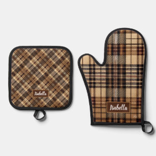 AriaGrace Camel Heritage British Tartan Plaid Name Oven Mitt & Pot Holder Set