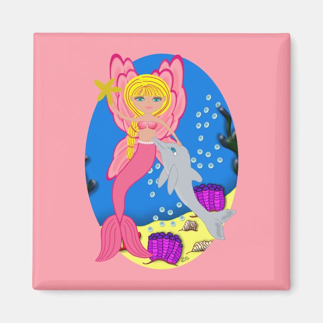 Ariel the Pink Merfaery and Dolphin Square Magnet (Front)