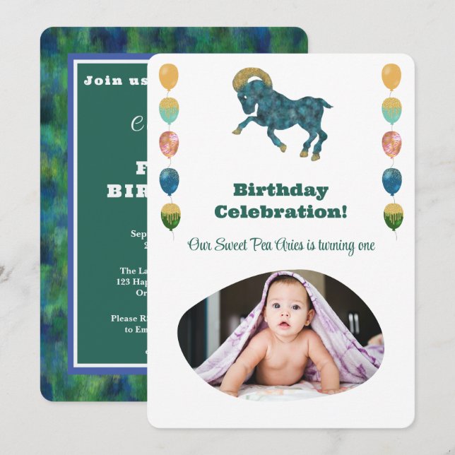 Aries 1st Birthday Photo Impressionist Gold  Invi Invitation (Front/Back)