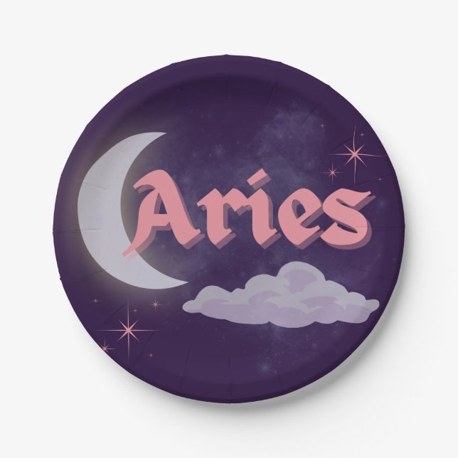 Aries Celestial Moon Cloud Stars Astrology Art Paper Plate (Front)