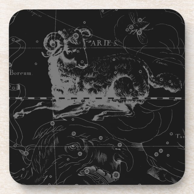 Aries Constellation Hevelius Vintage on Black Coaster (Front)