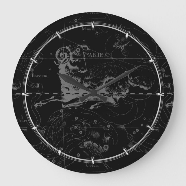 Aries Constellation Hevelius Vintage on Black Large Clock (Front)