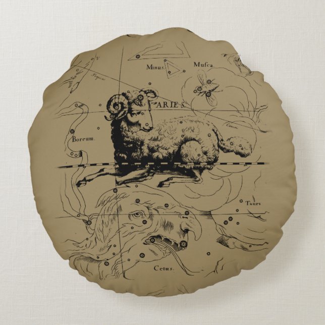 Aries Constellation Map Hevelius 1690 Round Cushion (Back)