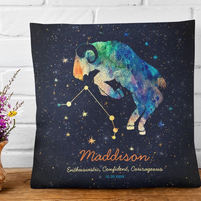 Aries Constellation Zodiac Watercolor Stars Galaxy Cushion (Front and Back)