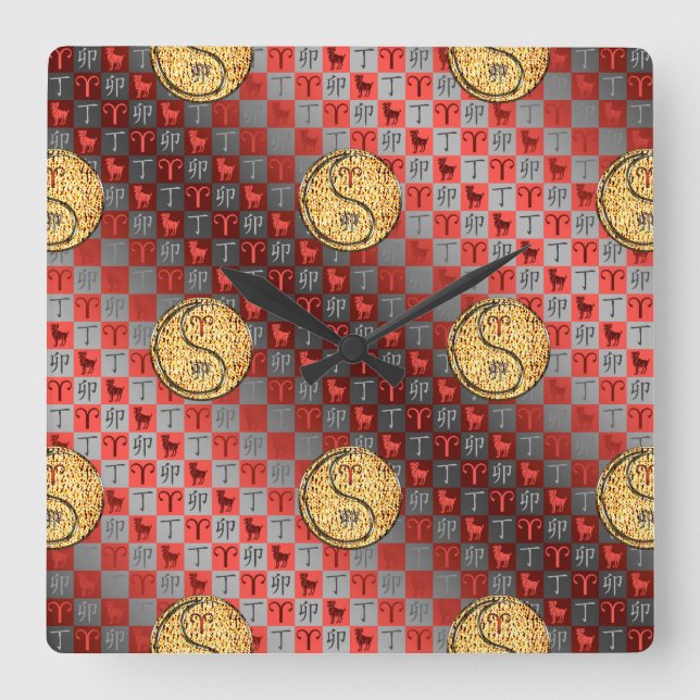 Aries & Fire Rabbit Square Wall Clock (Front)