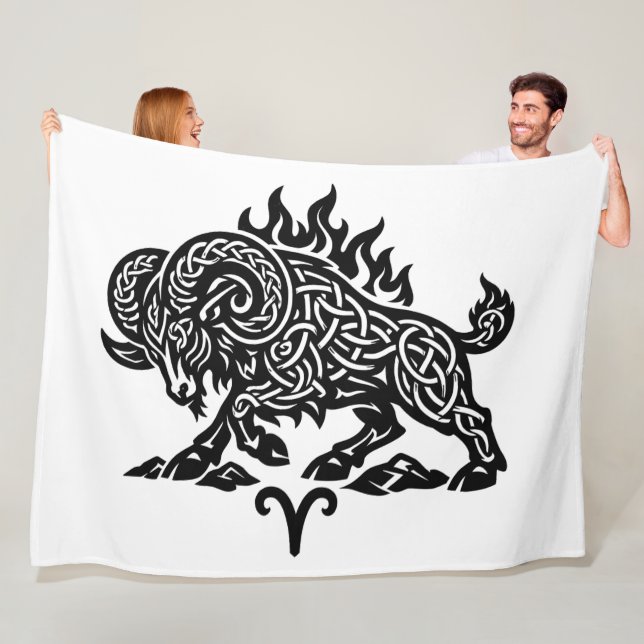 Aries Fire‑Ram – Celtic Haunted Ink Zodiac Fleece Blanket (In Situ)
