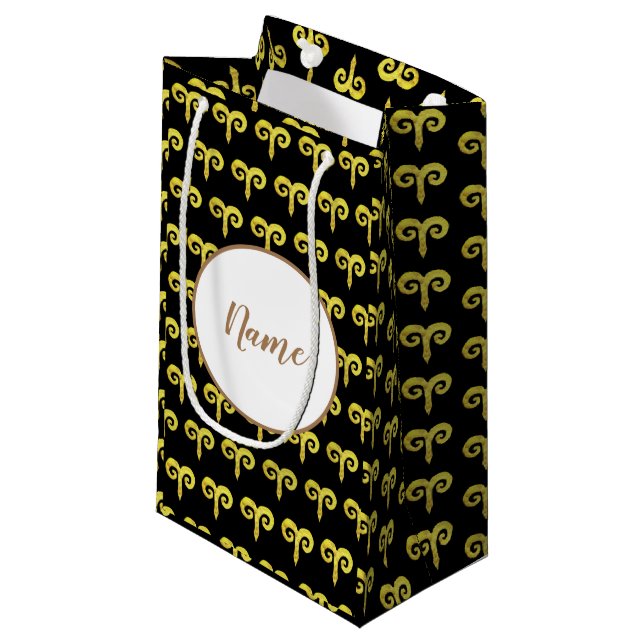 Aries Golden Astrology Personalised Small Gift Bag (Front Angled)