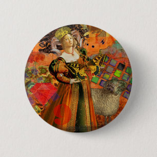 Aries Orange Woman: Gothic Ram Antique Art Collage 6 Cm Round Badge