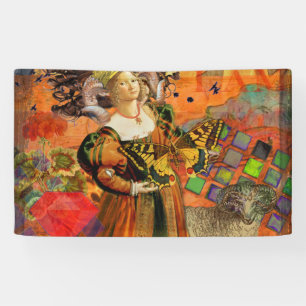Aries Orange Woman: Gothic Ram Antique Art Collage Banner