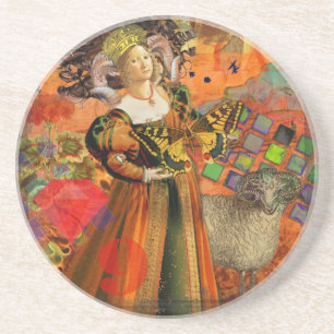 Aries Orange Woman: Gothic Ram Antique Art Collage Coaster