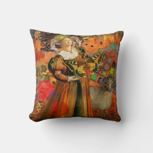 Aries Orange Woman: Gothic Ram Antique Art Collage Cushion