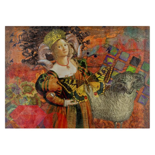 Aries Orange Woman: Gothic Ram Antique Art Collage Cutting Board (Front)
