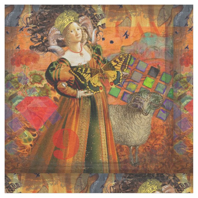 Aries Orange Woman: Gothic Ram Antique Art Collage Fabric (Close Up)
