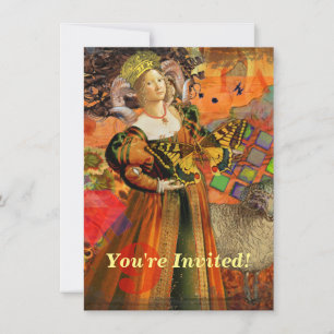 Aries Orange Woman: Gothic Ram Antique Art Collage Invitation