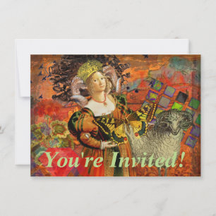 Aries Orange Woman: Gothic Ram Antique Art Collage Invitation
