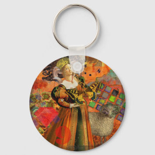 Aries Orange Woman: Gothic Ram Antique Art Collage Key Ring