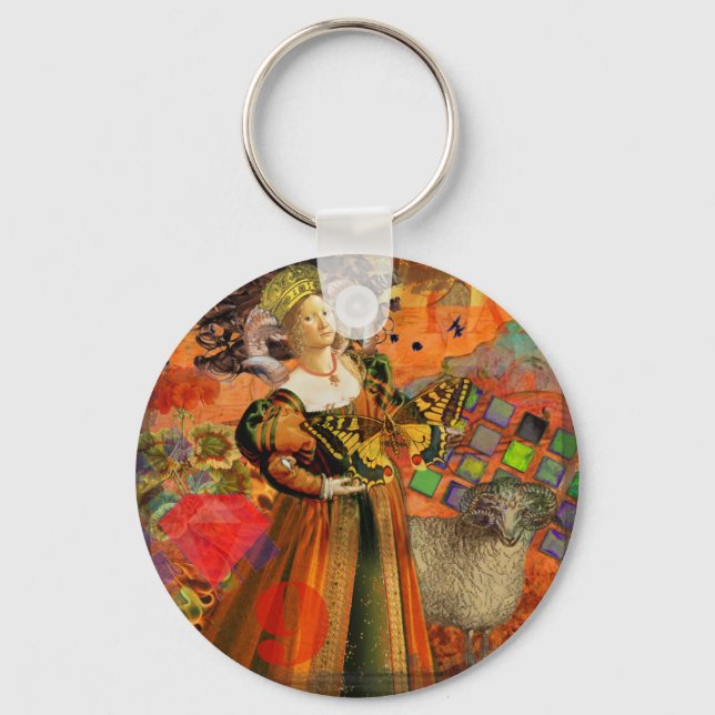 Aries Orange Woman: Gothic Ram Antique Art Collage Key Ring (Front)