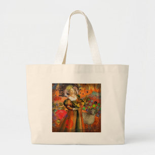 Aries Orange Woman: Gothic Ram Antique Art Collage Large Tote Bag