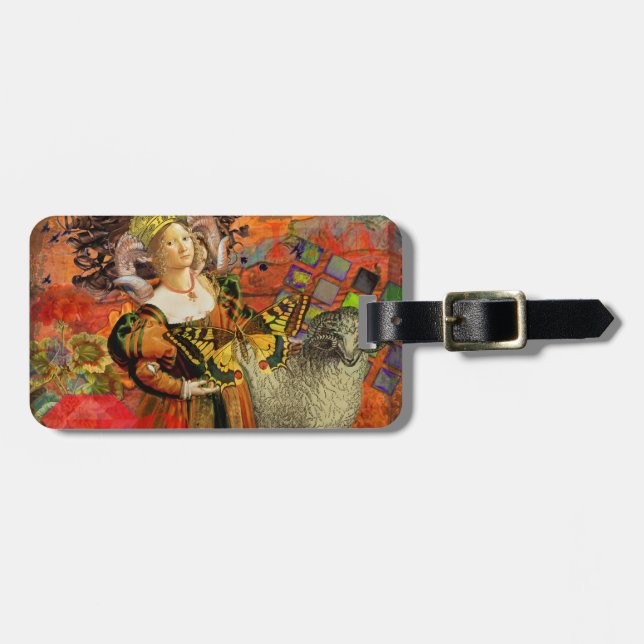 Aries Orange Woman: Gothic Ram Antique Art Collage Luggage Tag (Front Horizontal)