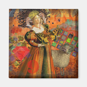 Aries Orange Woman: Gothic Ram Antique Art Collage Magnet