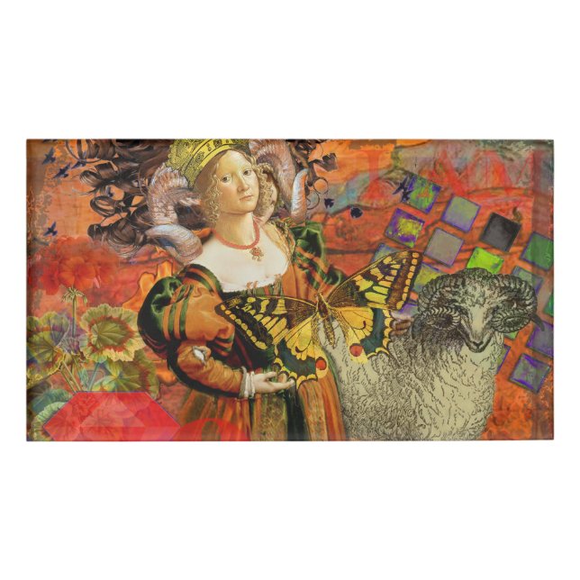 Aries Orange Woman: Gothic Ram Antique Art Collage Name Tag (Front)