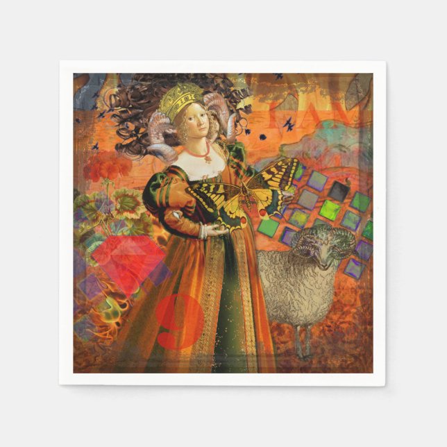 Aries Orange Woman: Gothic Ram Antique Art Collage Napkin (Front)