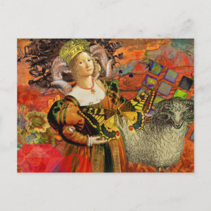 Aries Orange Woman: Gothic Ram Antique Art Collage Postcard