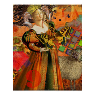 Aries Orange Woman: Gothic Ram Antique Art Collage Poster