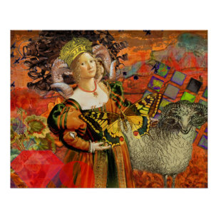 Aries Orange Woman: Gothic Ram Antique Art Collage Poster