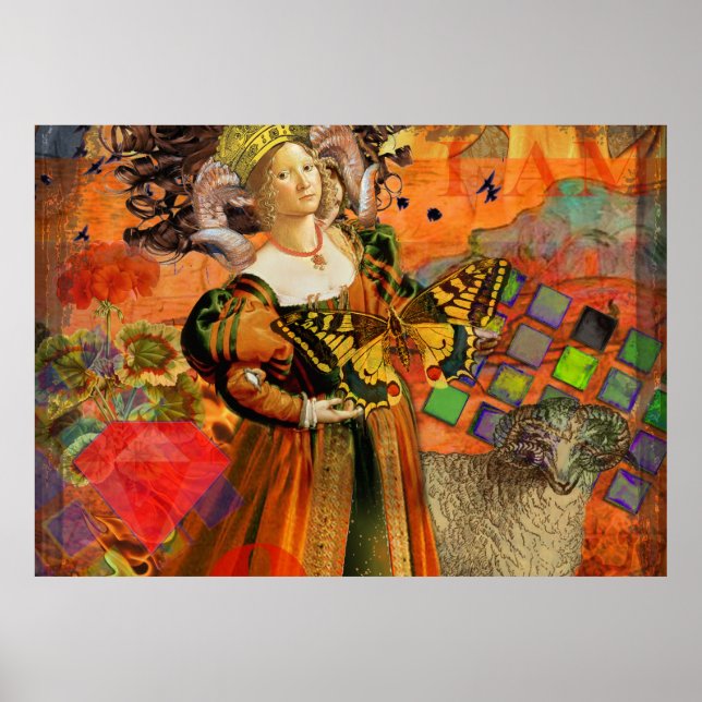 Aries Orange Woman: Gothic Ram Antique Art Collage Poster (Front)