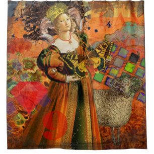 Aries Orange Woman: Gothic Ram Antique Art Collage Shower Curtain